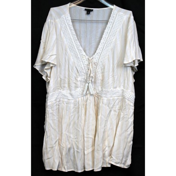 Torrid White Yellow Striped Shirt sz 3 Eyelet Lacing String Fringe Spring Summer - Picture 1 of 8